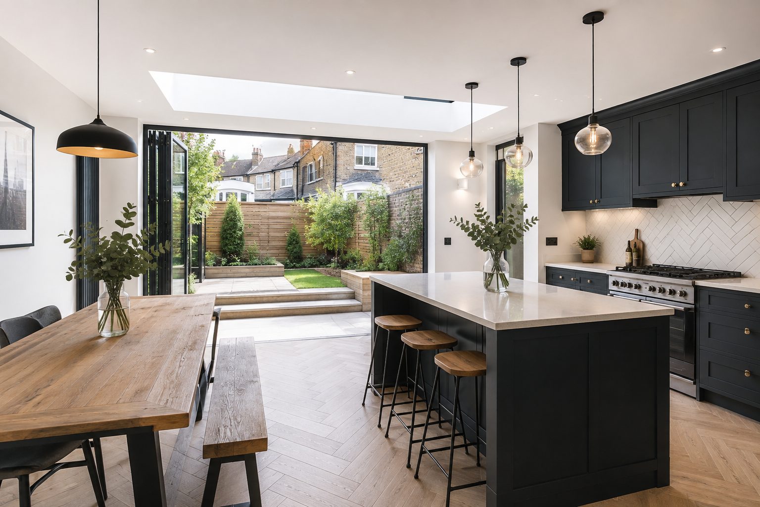 Completed kitchen with island and pendant lighting in London